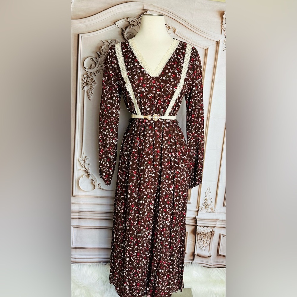 Long-Sleeve Burgundy Floral Maxi Dress with Cream Trim